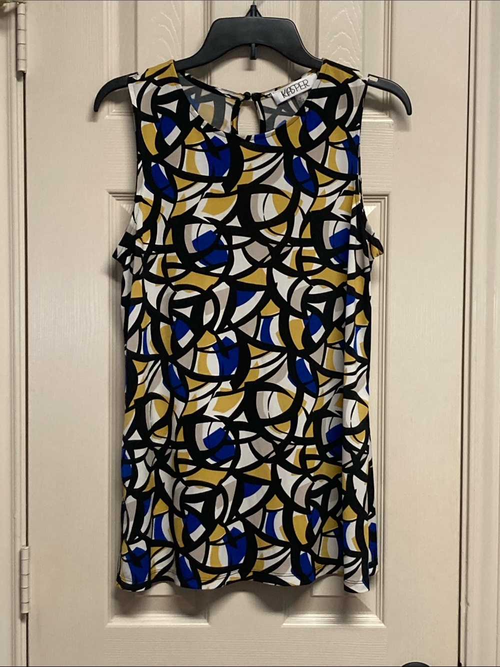 Kasper Multicolor Abstract Geometric Top - Blue, Black, Gold, White, Beige